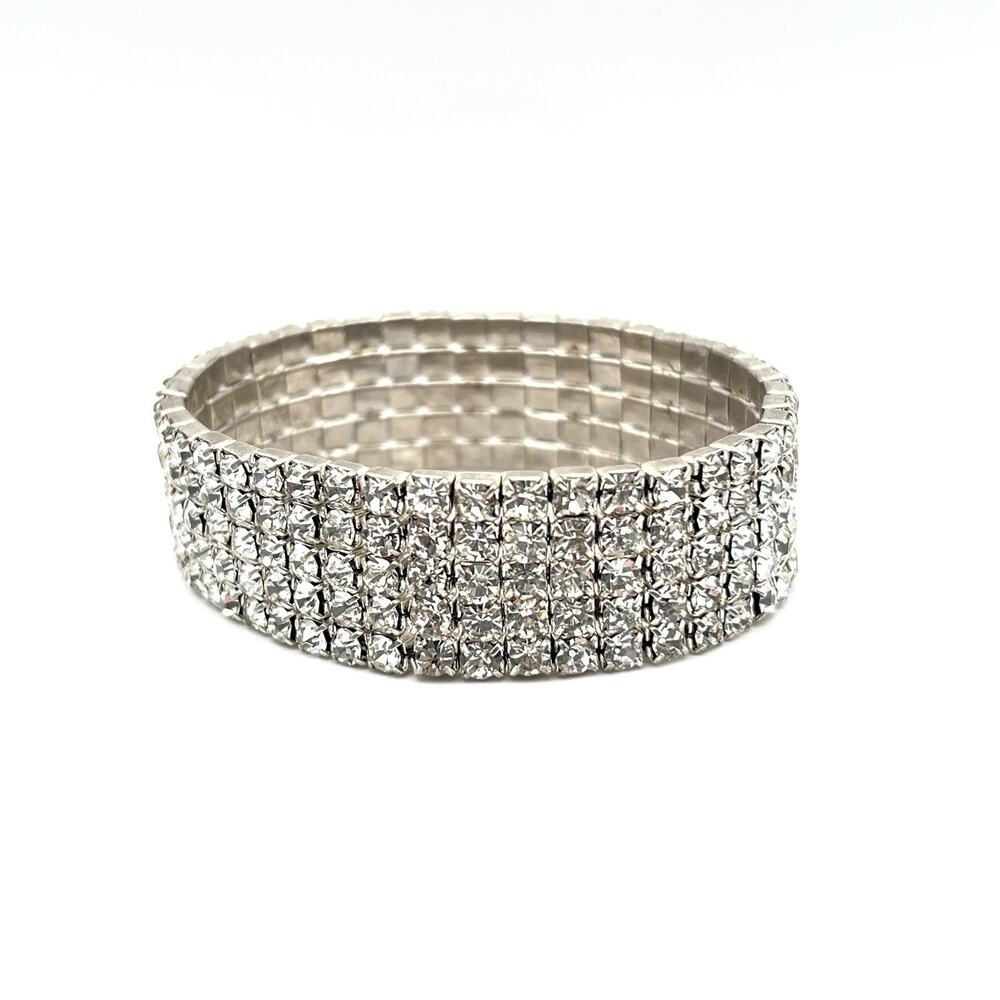Classic Rhinestone Stretch Bracelet Statement Glam Multi Row Faceted Silver Tone